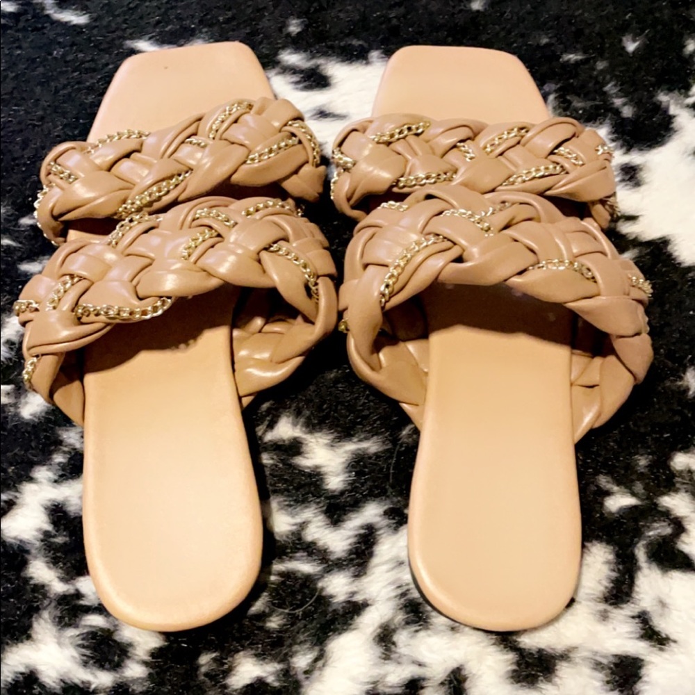 Tan and Gold Faux Leather Braided Sandals